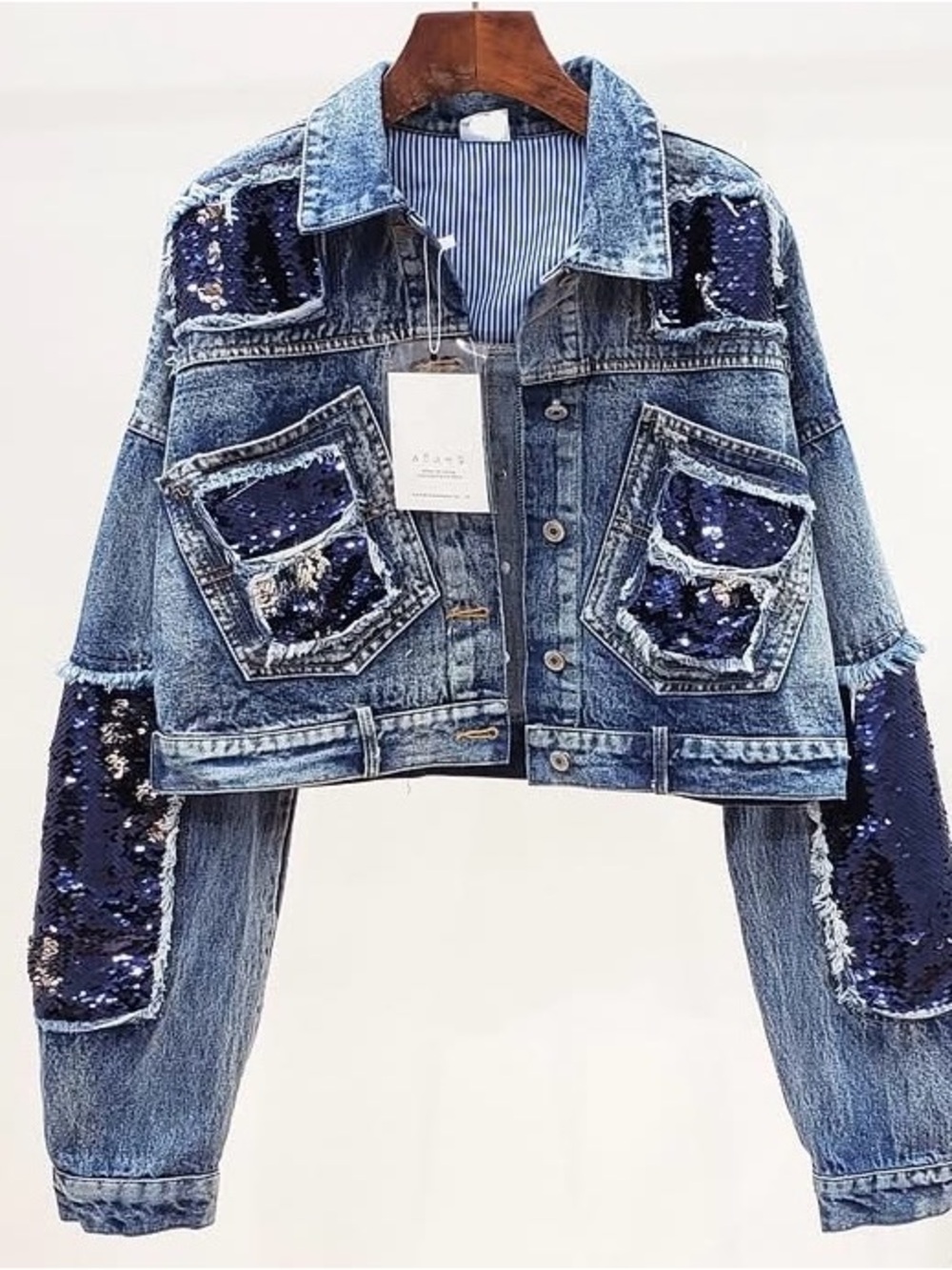 La'Ros Cropped Sequin Denim Jacket - Navy Sequin Accents